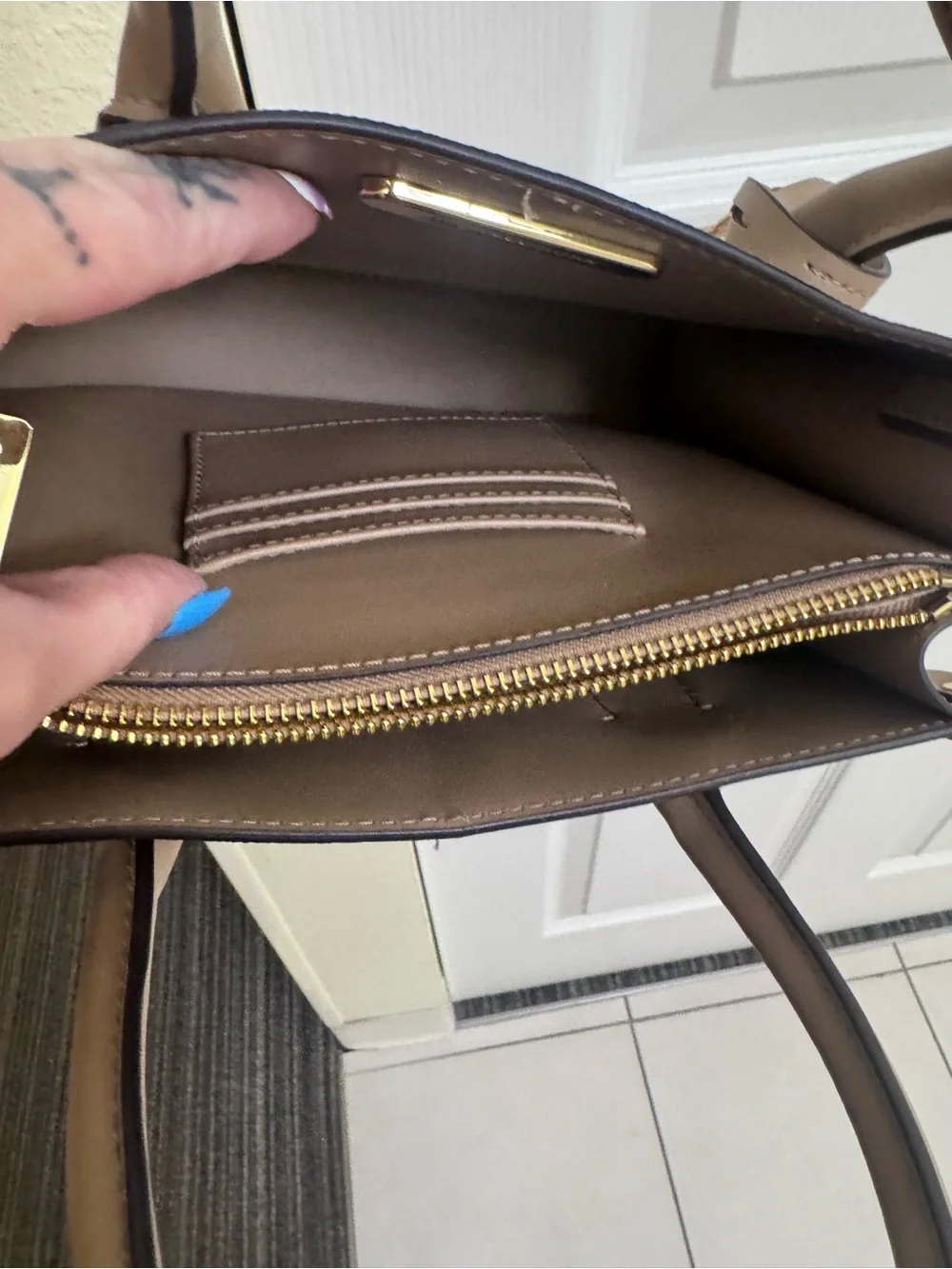 Michael Kors Beige and White Logo-Print Tote with Gold Charm